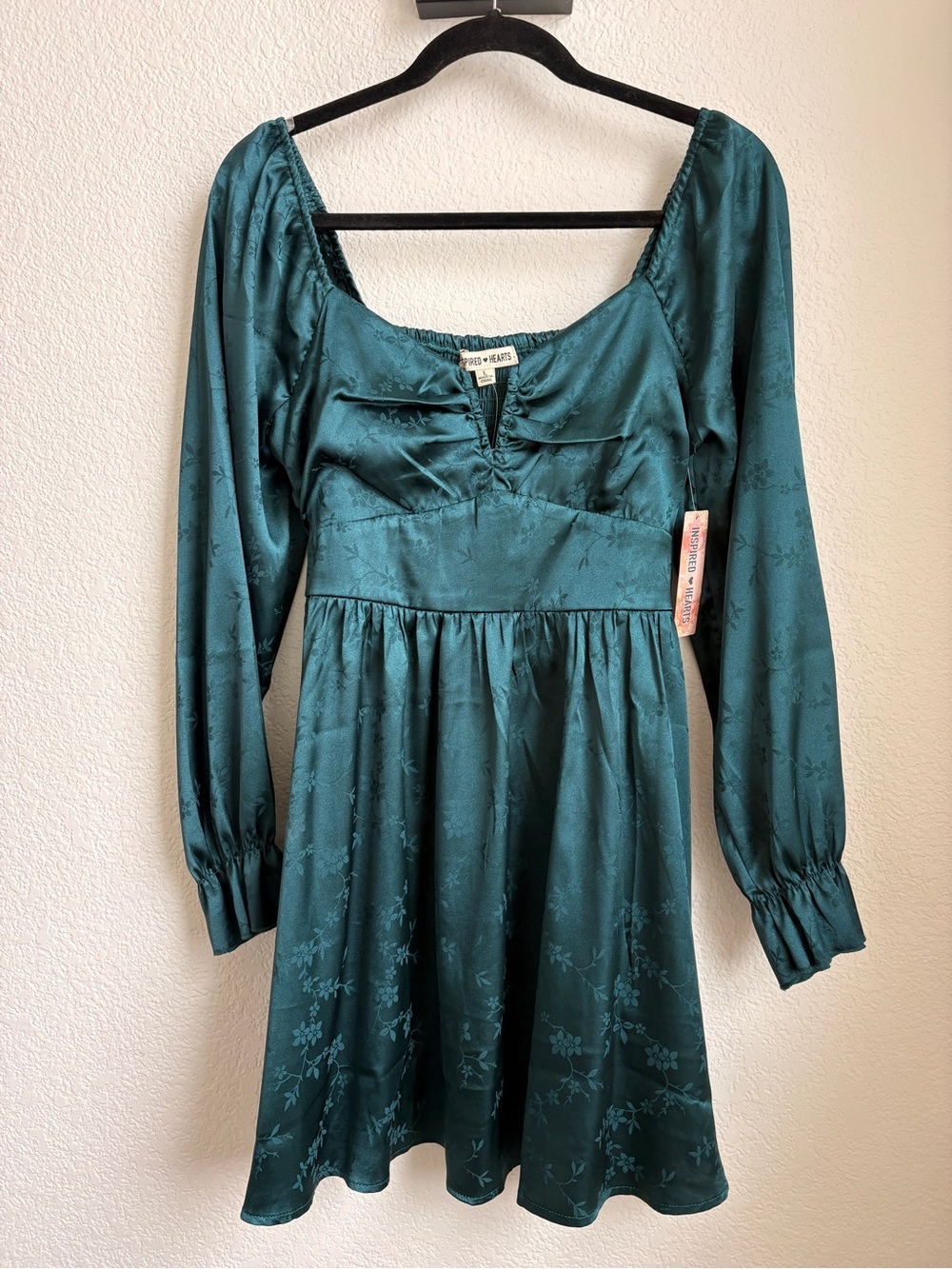 Long Sleeve Satin Dress - Emerald Green floral print